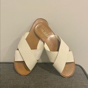 White leather cross cross slide sandals